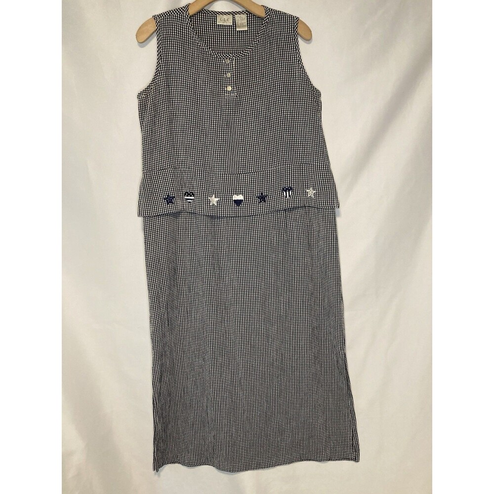 VTG Cricket Lane Maxi Dress L Gingham Blue Embroidery Americana Cottage Prairie